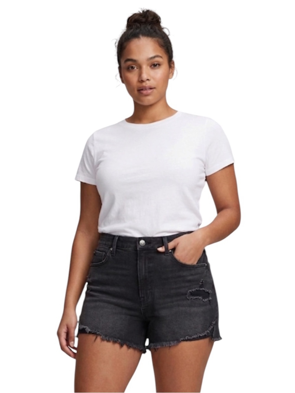 NWT Good American Good Curve Denim Shorts Black Size 12 High Rise Stretch 
F
